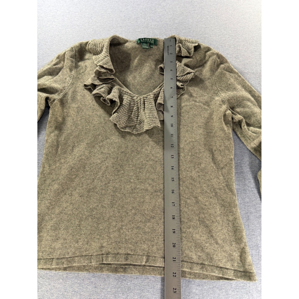 Lauren Ralph Lauren Vintage 90s Silk Cashmere Ruffle Neck Sweater Olive Green L - Picture 5 of 6